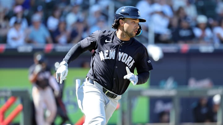 Mar 2, 2025; North Port, Florida, USA;  New York Yankees outfielder Everson Pereira (80) singles during the fourth inning against the Atlanta Braves at CoolToday Park. Mandatory Credit: Kim Klement Neitzel-Imagn Images