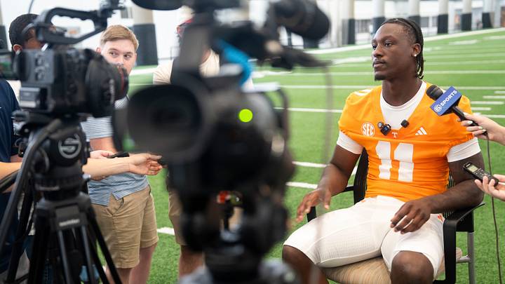Tennessee quarterback Faizon Brandon (11) speaks to the media during Tennessee football’s media day on Aug. 4, 2026. Tennessee quarterback Faizon Brandon (11) speaks to the media during Tennessee football’s media day on Aug. 4, 2026.