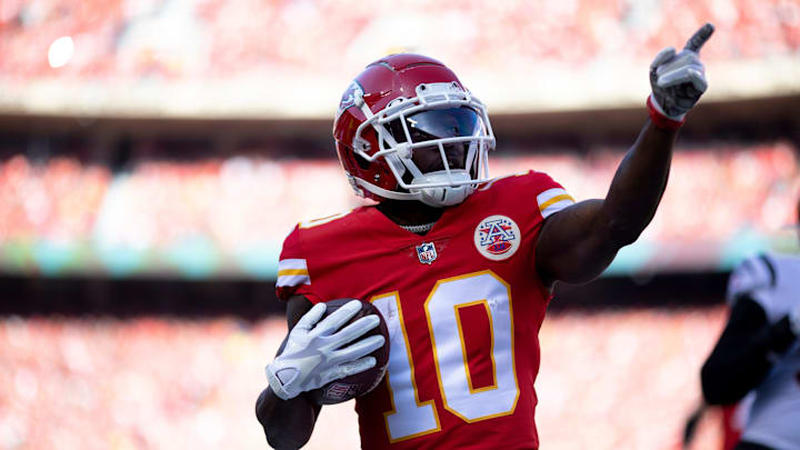 Kansas City Chiefs wide receiver Tyreek Hill (10) celebrates after a first down catch in the first quarter during the AFC championship NFL football game, Sunday, Jan. 30, 2022, at GEHA Field at Arrowhead Stadium in Kansas City, Mo.

Cincinnati Bengals At Kansas City Chiefs Jan 30 Afc Championship 54