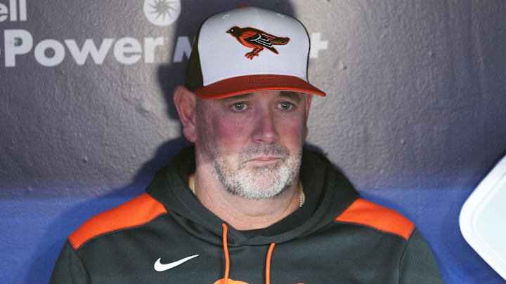 Mar 27, 2025; Toronto, Ontario, CAN; Baltimore Orioles manager Brandon Hyde (18) speaks with the media during batting practice before the opening day game of the Toronto Blue Jays at Rogers Centre.