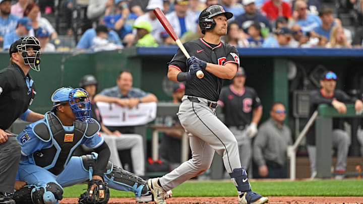 Mar 29, 2025; Kansas City, Missouri, USA; Cleveland Guardians left fielder Steven Kwan (38) hits a solo home run in the fifth inning against the Kansas City Royals at Kauffman Stadium. Mandatory Credit: Peter Aiken-Imagn Images Mar 29, 2025; Kansas City, Missouri, USA; Cleveland Guardians left fielder Steven Kwan (38) hits a solo home run in the fifth inning against the Kansas City Royals at Kauffman Stadium. Mandatory Credit: Peter Aiken-Imagn Images