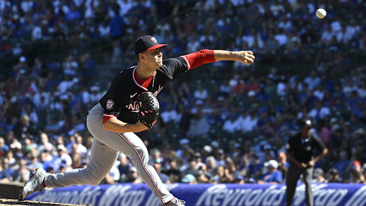 Sep 21, 2024; Chicago, Illinois, USA; Washington Nationals pitcher MacKenzie Gore (1) delivers against the Chicago Cubs during the first inning at Wrigley Field. Sep 21, 2024; Chicago, Illinois, USA; Washington Nationals pitcher MacKenzie Gore (1) delivers against the Chicago Cubs during the first inning at Wrigley Field.