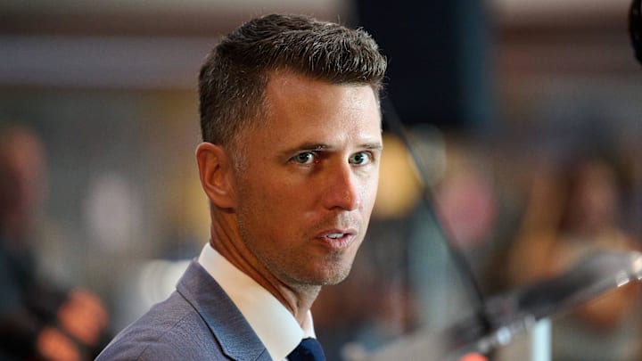 Oct 1, 2024; San Francisco, CA, USA; San Francisco Giants president of baseball operations Buster Posey speaks with the media after an introductory press conference at Oracle Park.
