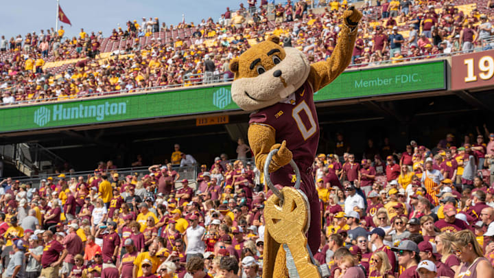 Minnesota mascot, Goldy, leads the fan in a pregame chant before the game against Colorado at Huntington Bank Stadium in Minneapolis on Sept. 17, 2022.
