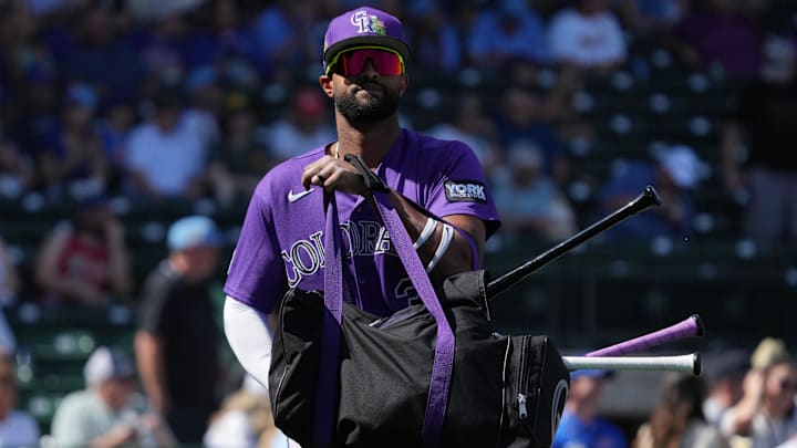 Feb 25, 2026: Colorado Rockies left fielder Willi Castro (3) arrives to the game against the Chicago Cubs at Sloan Park. 