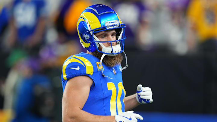 Jan 13, 2025; Glendale, AZ, USA; Los Angeles Rams wide receiver Cooper Kupp (10) practices before the NFC wild card game against the Minnesota Vikings at State Farm Stadium. Mandatory Credit: Joe Camporeale-Imagn Images