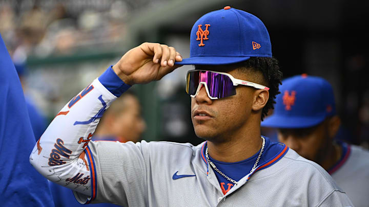 Apr 26, 2025; Washington, District of Columbia, USA; New York Mets outfielder Juan Soto (22) in the dugout against the Washington Nationals during the second inning at Nationals Park. Mandatory Credit: Brad Mills-Imagn Images