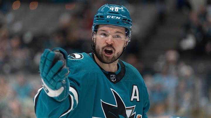 Dec 21, 2023; San Jose, California, USA; San Jose Sharks center Tomas Hertl (48) reacts during the