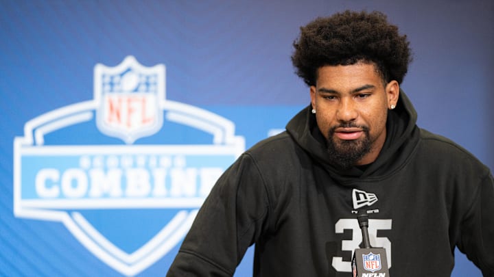 Feb 27, 2026; Indianapolis, IN, USA; Mississippi wideout De'Zhaun Stribling (WO35) speaks to members of the media during the NFL Combine at the Indiana Convention Center. Mandatory Credit: Jacob Musselman-Imagn Images