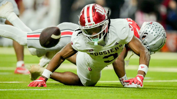 Indiana receiver Omar Cooper Jr. on Dec. 6, 2025, during the Big Ten championship game at Lucas Oil Stadium in Indianapolis.