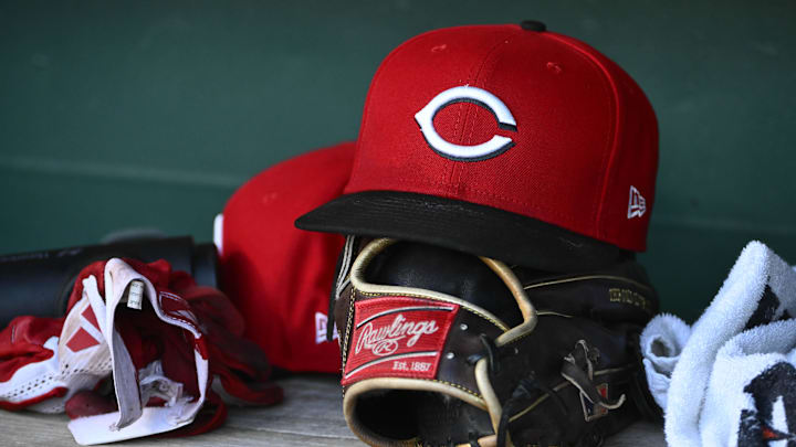 Jul 22, 2025; Washington, District of Columbia, USA; General view of Cincinnati Reds hat during the game against the Washington Nationals at Nationals Park. Mandatory Credit: Brad Mills-Imagn Images