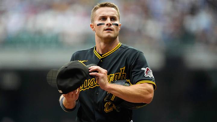 Aug 5, 2026; Milwaukee, Wisconsin, USA;  Pittsburgh Pirates center fielder Jake Mangum (28) during the game against the Milwaukee Brewers at American Family Field. Mandatory Credit: Jeff Hanisch-Imagn Images