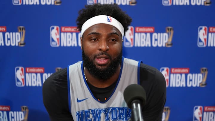 Dec 15, 2025; Las Vegas, NV, USA; New York Knicks center/forward Mitchell Robinson (23) at press conference prior to the Emirates NBA Cup championship at the T-Mobile Arena. Mandatory Credit: Kirby Lee-Imagn Images