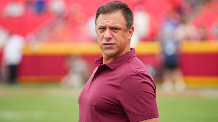Aug 15, 2026; Kansas City, Missouri, USA; Kansas City Chiefs general manager Brett Veach watches warmups against the Los Angeles Rams prior to a pre season at Arrowhead Stadium. Mandatory Credit: Denny Medley-Imagn Images
