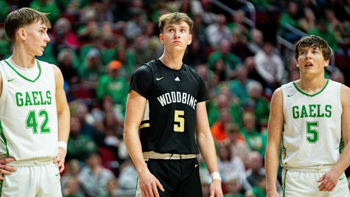 Woodbine's Landon Blum during the IHSAA Class 1A state quarterfinal on Wednesday, March 12, 2025, at Wells Fargo Arena.
