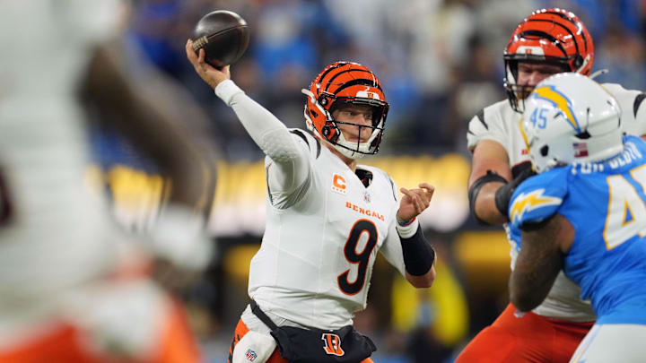 Nov 17, 2024; Inglewood, California, USA; Cincinnati Bengals quarterback Joe Burrow (9) throws the ball against the Los Angeles Chargers in the first half at SoFi Stadium. Mandatory Credit: Kirby Lee-Imagn Images Nov 17, 2024; Inglewood, California, USA; Cincinnati Bengals quarterback Joe Burrow (9) throws the ball against the Los Angeles Chargers in the first half at SoFi Stadium. Mandatory Credit: Kirby Lee-Imagn Images