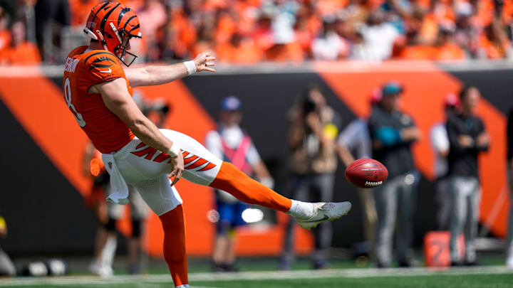 Cincinnati Bengals punter Ryan Rehkow (8) punts the ball away in the first quarter of the NFL Week 2 game between the Cincinnati Bengals and the Jacksonville Jaguars at Paycor Stadium in downtown Cincinnati on Sunday, Sept. 14, 2025. The Jaguars led 17-10 at halftime.