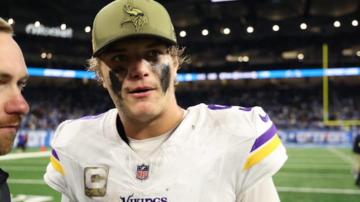 Minnesota Vikings quarterback J.J. McCarthy (9) walks off the field after the game against the Detroit Lions at Ford Field.