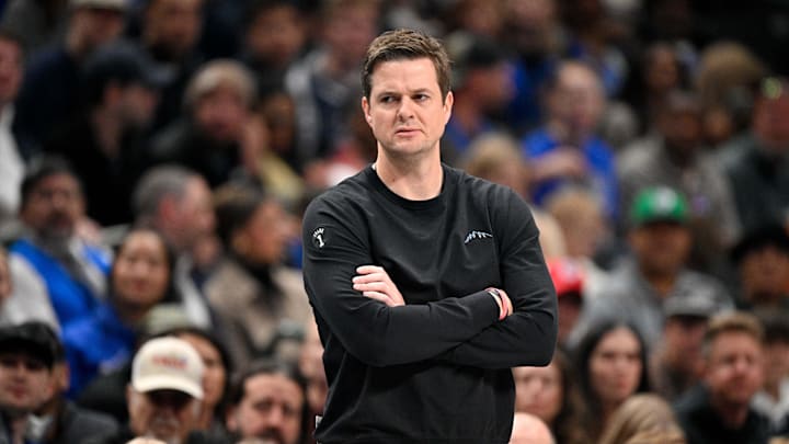 Jan 17, 2026; Dallas, Texas, USA; Utah Jazz head coach Will Hardy looks on during the first quarter against the Dallas Mavericks at the American Airlines Center. Mandatory Credit: Jerome Miron-Imagn Images