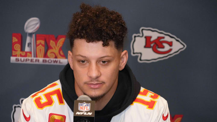 Feb 4, 2025; New Orleans, LA, USA; Kansas City Chiefs quarterback Patrick Mahomes (15) at a press conference in advance of Super Bowl LIX at New Orleans Marriott. Mandatory Credit: Kirby Lee-Imagn Images Feb 4, 2025; New Orleans, LA, USA; Kansas City Chiefs quarterback Patrick Mahomes (15) at a press conference in advance of Super Bowl LIX at New Orleans Marriott. Mandatory Credit: Kirby Lee-Imagn Images