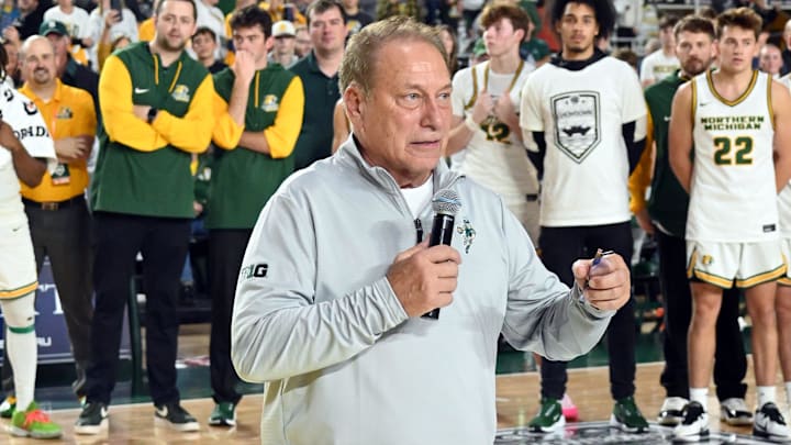 Michigan State men's basketball coach Tom Izzo speaks to the Superior Dome crowd following the Spartans' exhibition opener against NMU on Sunday, Oct. 13, 2024, in Marquette. Izzo, a 1977 NMU graduate, was also honored with his jersey No. 10 retired during the game.
