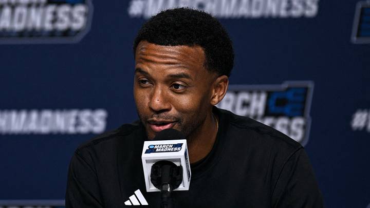 Mar 19, 2026; St. Louis, MO, USA; Miami (FL) Hurricanes head coach Jai Lucas talks to the media during a practice session ahead of the first round of the men's 2026 NCAA Tournament at Enterprise Center. Mandatory Credit: Jeff Le-Imagn Images