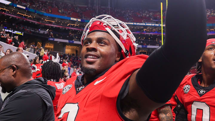 Nov 28, 2025; Atlanta, Georgia, USA; Georgia Bulldogs linebacker CJ Allen (3) celebrates after a victory over the Georgia Tech Yellow Jackets at Mercedes-Benz Stadium. Mandatory Credit: Brett Davis-Imagn Images

