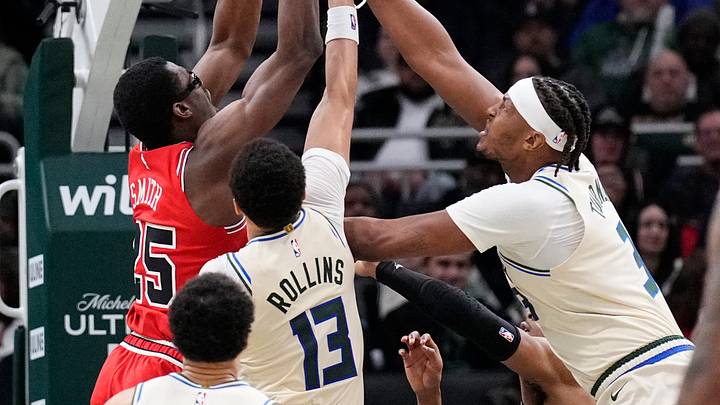 Feb 3, 2026; Milwaukee, Wisconsin, USA; Chicago Bulls forward/center Jalen Smith (25) puts up a shot against Milwaukee Bucks guard Ryan Rollins (13) and forward Myles Turner (3) in the second half at Fiserv Forum. Mandatory Credit: Michael McLoone-Imagn Images Feb 3, 2026; Milwaukee, Wisconsin, USA; Chicago Bulls forward/center Jalen Smith (25) puts up a shot against Milwaukee Bucks guard Ryan Rollins (13) and forward Myles Turner (3) in the second half at Fiserv Forum. Mandatory Credit: Michael McLoone-Imagn Images