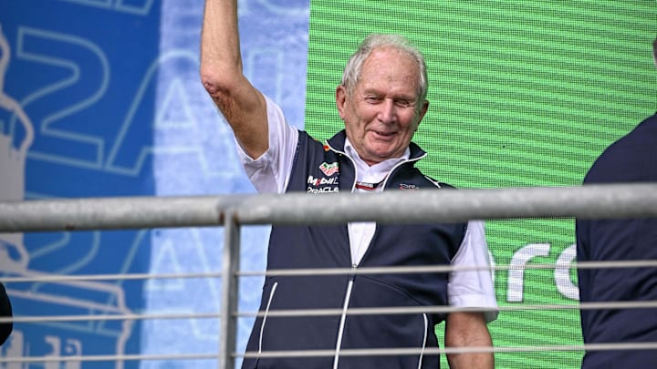 Oct 23, 2022; Austin, Texas, USA; Helmut Marko of Red Bull Racing Team holds up the World