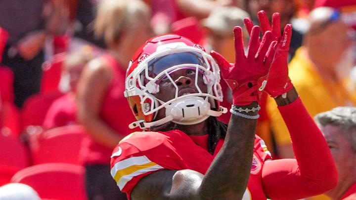 Aug 17, 2024; Kansas City, Missouri, USA; Kansas City Chiefs wide receiver Rashee Rice (4) warms up against the Detroit Lions prior to the game at GEHA Field at Arrowhead Stadium. Mandatory Credit: Denny Medley-Imagn Images