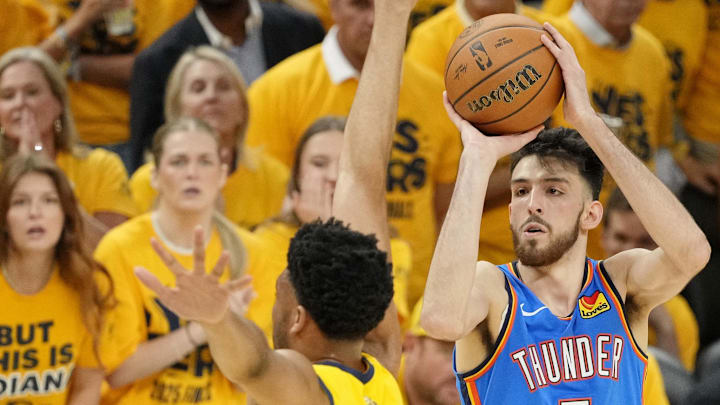 Jun 19, 2025; Indianapolis, Indiana, USA; Oklahoma City Thunder forward Chet Holmgren (7) shoots the ball againstIndiana Pacers center Tony Bradley (13) during the first half of game six of the 2025 NBA Finals between the Oklahoma City Thunder and the Indiana Pacers at Gainbridge Fieldhouse. Mandatory Credit: Kyle Terada-Imagn Images