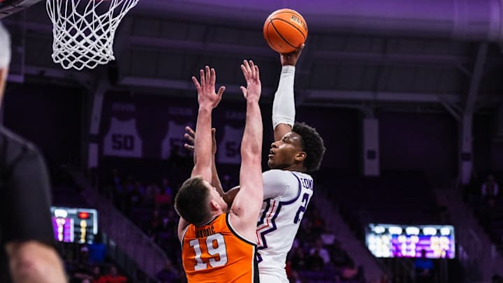 Xavier Edmonds shoots a baby hook in TCU's 68-65 win over Oklahoma State on Tuesday, January 20, 2026.