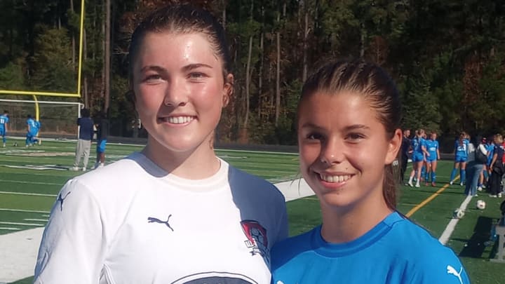 Reese Gallagher of Archbishop Hoban (Ohio), left, and Lilia Calvert of Abington Heights (N.Y.), were named team MVPs at the High School All-America Girls Soccer game.