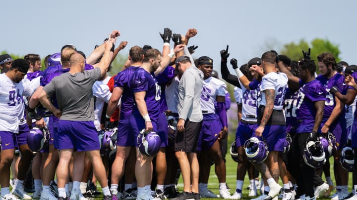 Minnesota Vikings players gather after a rookie minicamp practice. Minnesota Vikings players gather after a rookie minicamp practice.