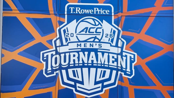 March 9, 2026 Charlotte, N.C., USA; A sign on the outside wall of the Spectrum Center in Uptown Charlotte, promotes the 2026 ACC Men's Basketball Tournament. Mandatory Credit: Brad Bierman, The Juice Online - On SI 
