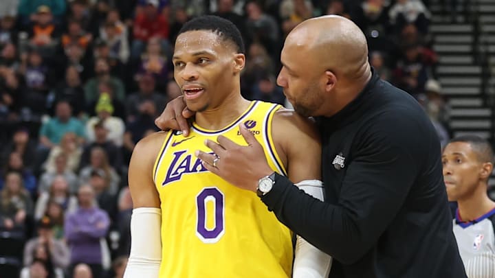Nov 7, 2022; Salt Lake City, Utah, USA; Los Angeles Lakers head coach Darvin Ham speaks with guard Russell Westbrook (0) against the Utah Jazz in the second quarter at Vivint Arena. Mandatory Credit: Rob Gray-Imagn Images Nov 7, 2022; Salt Lake City, Utah, USA; Los Angeles Lakers head coach Darvin Ham speaks with guard Russell Westbrook (0) against the Utah Jazz in the second quarter at Vivint Arena. Mandatory Credit: Rob Gray-Imagn Images
