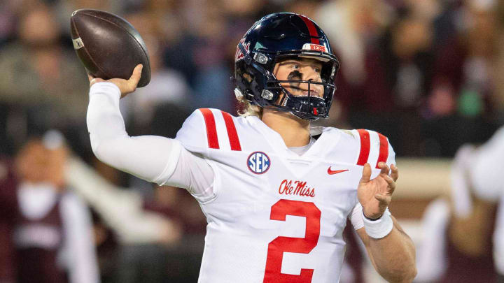 Ole Miss QB Jaxson Dart (2) throws against Mississippi State during the first half of the Egg Bowl Ole Miss QB Jaxson Dart (2) throws against Mississippi State during the first half of the Egg Bowl