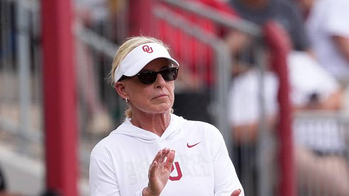 Oklahoma head softball coach Patty Gasso is pictured during the NCAA Norman Softball Regional game between the University of Oklahoma Sooners and Michigan Wolverines at Love's Field in Norman, Okla., May, 17, 2026. Oklahoma head softball coach Patty Gasso is pictured during the NCAA Norman Softball Regional game between the University of Oklahoma Sooners and Michigan Wolverines at Love's Field in Norman, Okla., May, 17, 2026.
