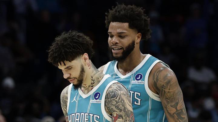 Mar 19, 2026; Charlotte, North Carolina, USA; Charlotte Hornets forward Miles Bridges (0) celebrates with guard LaMelo Ball (1) during the third quarter against the Orlando Magic at Spectrum Center. Mandatory Credit: Brian Westerholt-Imagn Images Mar 19, 2026; Charlotte, North Carolina, USA; Charlotte Hornets forward Miles Bridges (0) celebrates with guard LaMelo Ball (1) during the third quarter against the Orlando Magic at Spectrum Center. Mandatory Credit: Brian Westerholt-Imagn Images