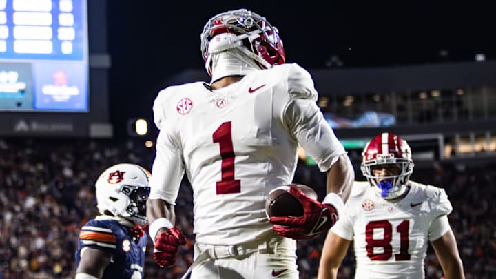 Alabama wide receiver Isaiah Horton celebrates the game winning touchdown in the second half of the Iron Bowl on November 29, 2025.