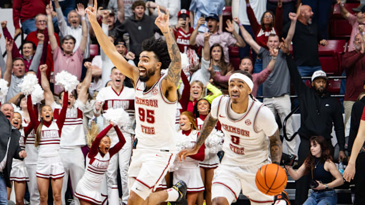 Alabama guards Houston Mallette and Labaron Philon Jr finish the game against Arkansas on Feb. 18, 2026. Alabama guards Houston Mallette and Labaron Philon Jr finish the game against Arkansas on Feb. 18, 2026.