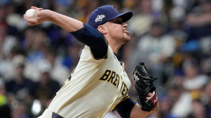 Milwaukee Brewers pitcher Chad Patrick (39) pitches during the sixth inning of the National League Division Series game at American Family Field in Milwaukee, Wisconsin on Oct. 6, 2025.