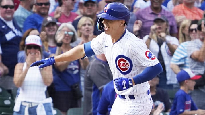 Sep 22, 2023; Chicago, Illinois, USA; Chicago Cubs designated hitter Jared Young (18) gestures after hitting a two-run home run against the Colorado Rockies during the sixth inning at Wrigley Field. Mandatory Credit: David Banks-Imagn Images Sep 22, 2023; Chicago, Illinois, USA; Chicago Cubs designated hitter Jared Young (18) gestures after hitting a two-run home run against the Colorado Rockies during the sixth inning at Wrigley Field. Mandatory Credit: David Banks-Imagn Images