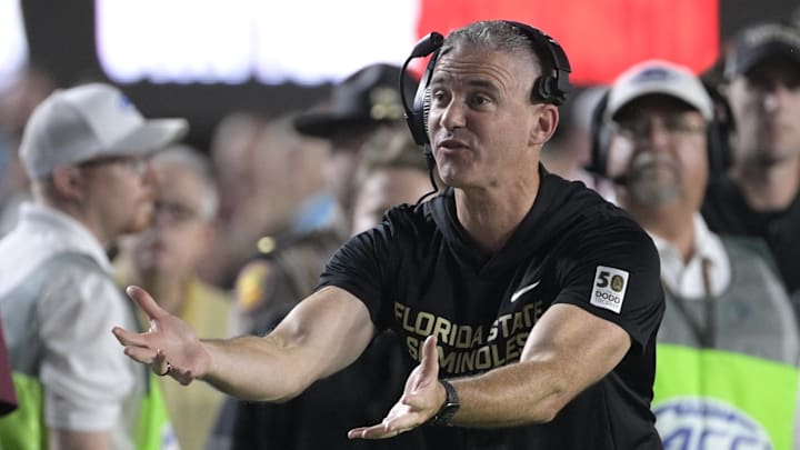 Oct 4, 2025; Tallahassee, Florida, USA; Florida State Seminoles head coach Mike Norvell during the first half against the Miami Hurricanes at Doak S. Campbell Stadium. Mandatory Credit: Melina Myers-Imagn Images