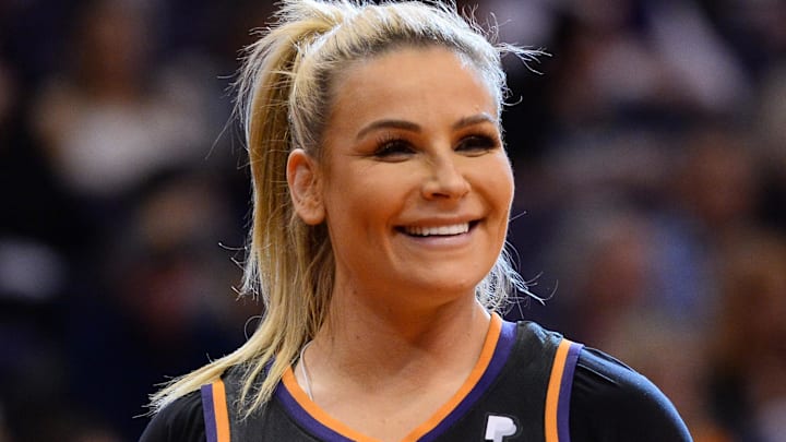 Jan 24, 2019; Phoenix, AZ, USA; WWE star Natalya Neidhart looks on during the second half of the game between the Phoenix Suns and the Portland Trail Blazers at Talking Stick Resort Arena. Mandatory Credit: Joe Camporeale-Imagn Images Jan 24, 2019; Phoenix, AZ, USA; WWE star Natalya Neidhart looks on during the second half of the game between the Phoenix Suns and the Portland Trail Blazers at Talking Stick Resort Arena. Mandatory Credit: Joe Camporeale-Imagn Images
