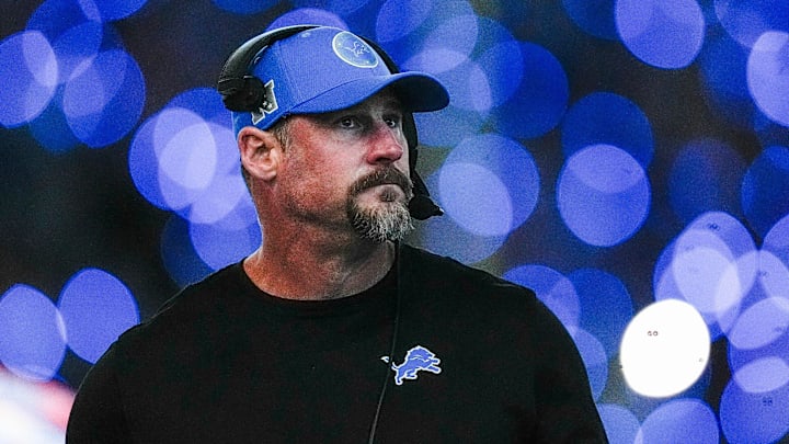 Detroit Lions head coach Dan Campbell looks on at a timeout against Chicago Bears during the second half at Ford Field in Detroit on Thursday, Nov. 28, 2024.