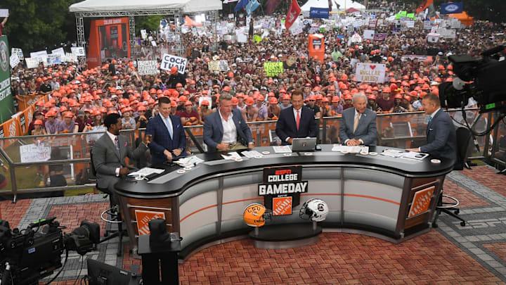 Desmond Howard, left, Rece Davis, Pat McAfee, Nick Saban, Lee Corso, and Kirk Herbstreit live broadcast during ESPN Gameday near Williams-Brice Stadium in Columbia, S.C