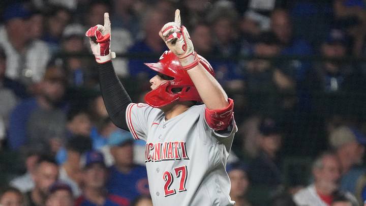 Aug 30, 2026; Chicago, Illinois, USA;  Cincinnati Reds first baseman Sal Stewart (27) gestures after hitting a home run against the Chicago Cubs during the seventh inning at Wrigley Field.  Mandatory Credit: David Banks-Imagn Images