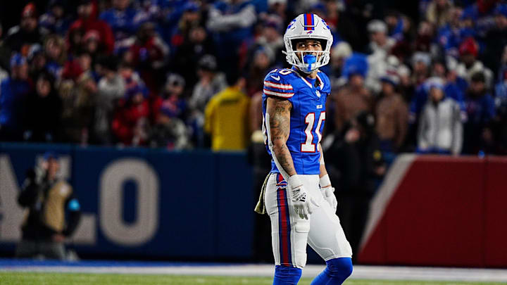Bills Khalil Shakir looks up at the scoreboard as he walks off the field against the Kansas City Chiefs.