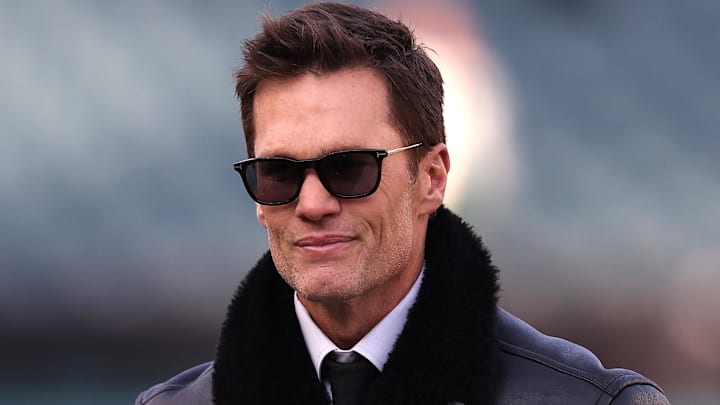 Jan 12, 2025; Philadelphia, Pennsylvania, USA; Announcer Tom Brady looks on before an NFC wild card game between the Philadelphia Eagles and the Green Bay Packers at Lincoln Financial Field. Mandatory Credit: Bill Streicher-Imagn Images